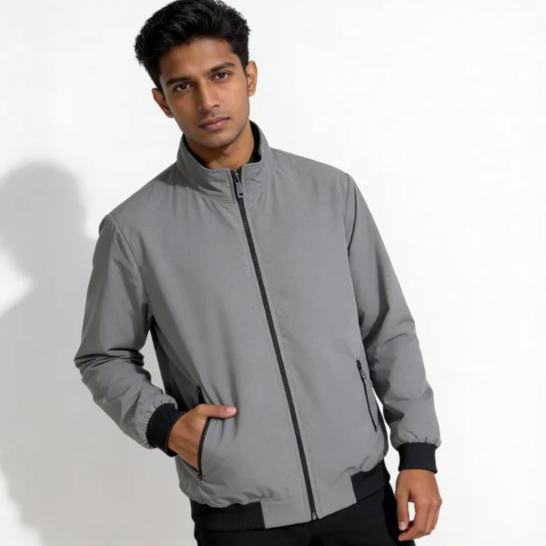 Ash grey men’s winter jacket made from soft Kuasha Fabric, comfort fit