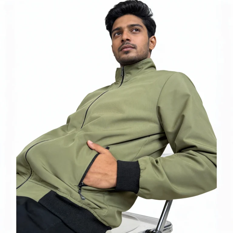 Kuasha Fabric men’s winter jacket in olive with metal zipper pockets